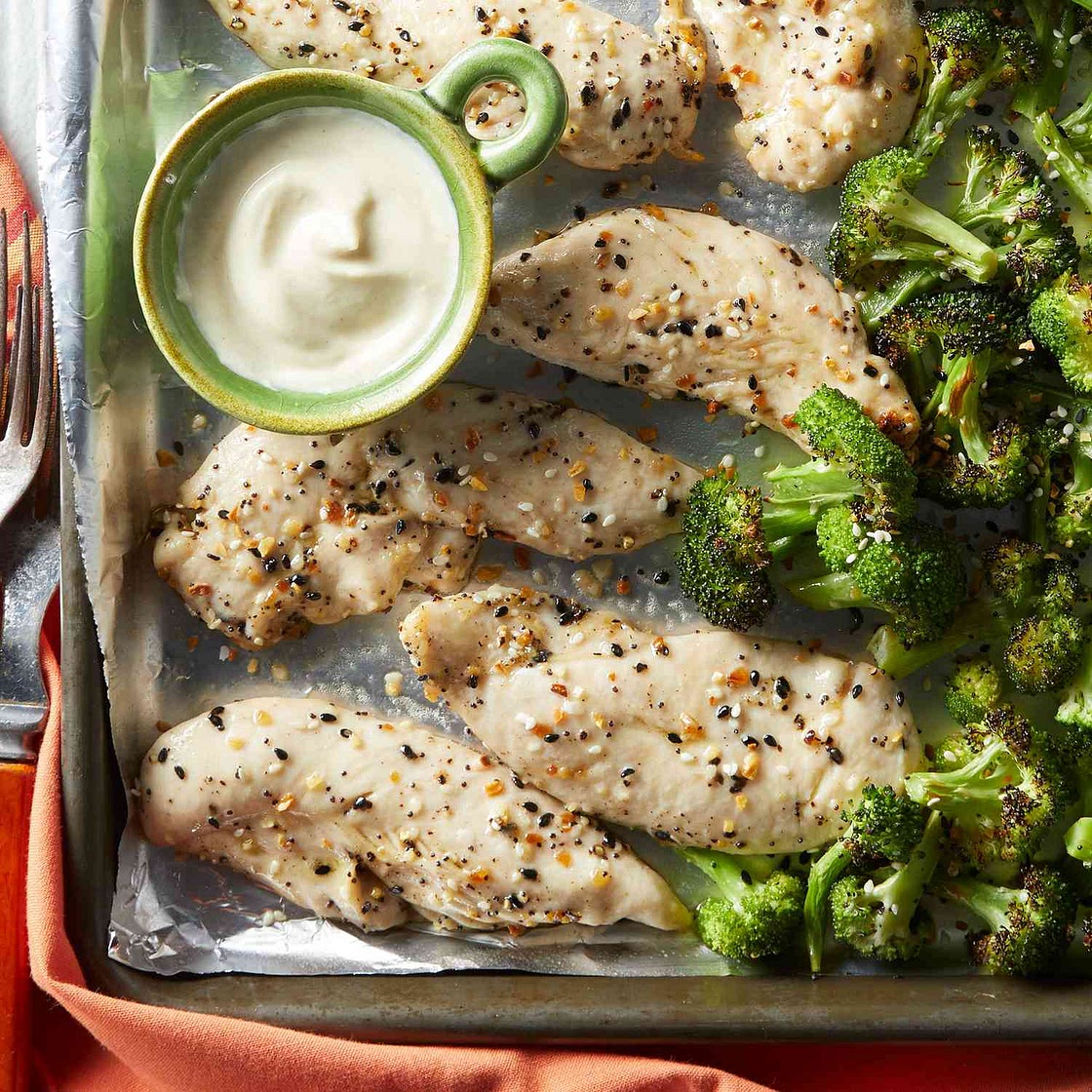 15-Minute Sheet-Pan Chicken Tenders & Broccoli with Everything Bagel Seasoning