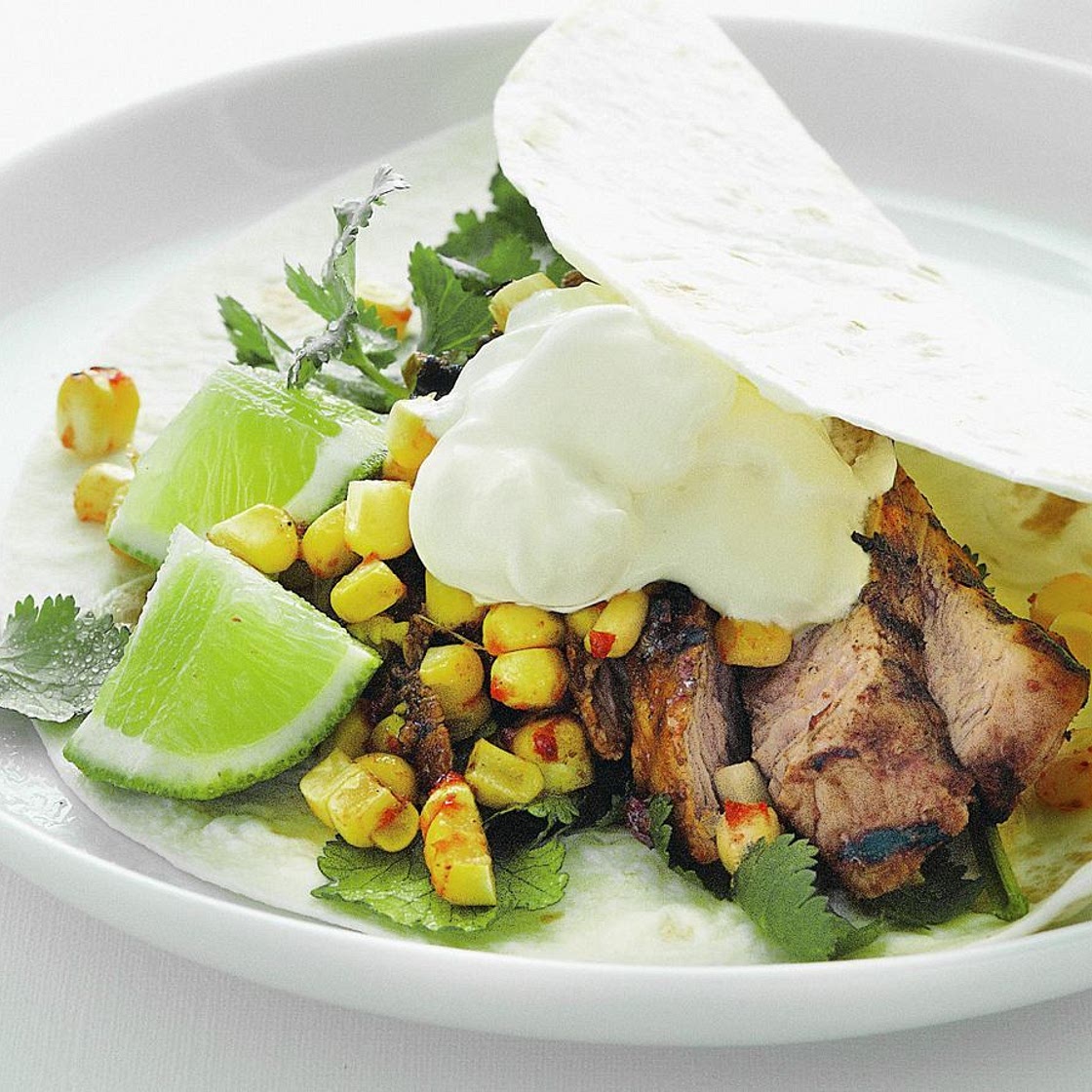 Chargrilled pork tortillas with charred chilli corn