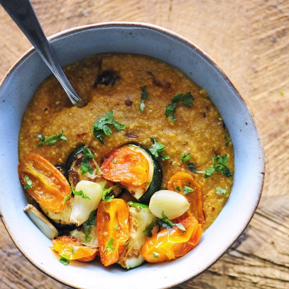 Cheesy Chipotle Pumpkin Polenta with Garlic Roasted Veggies