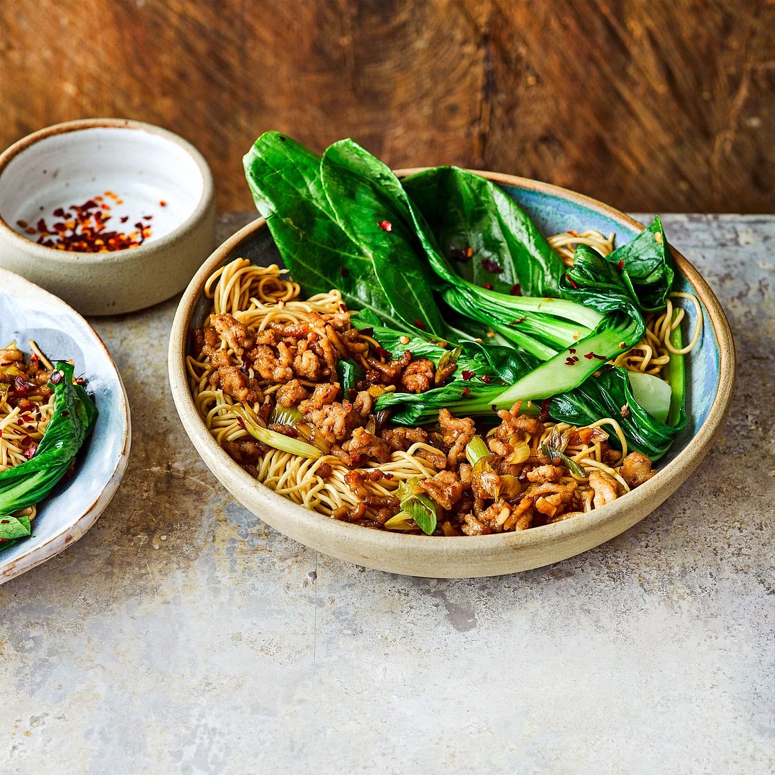 Crispy pork noodles with chilli greens