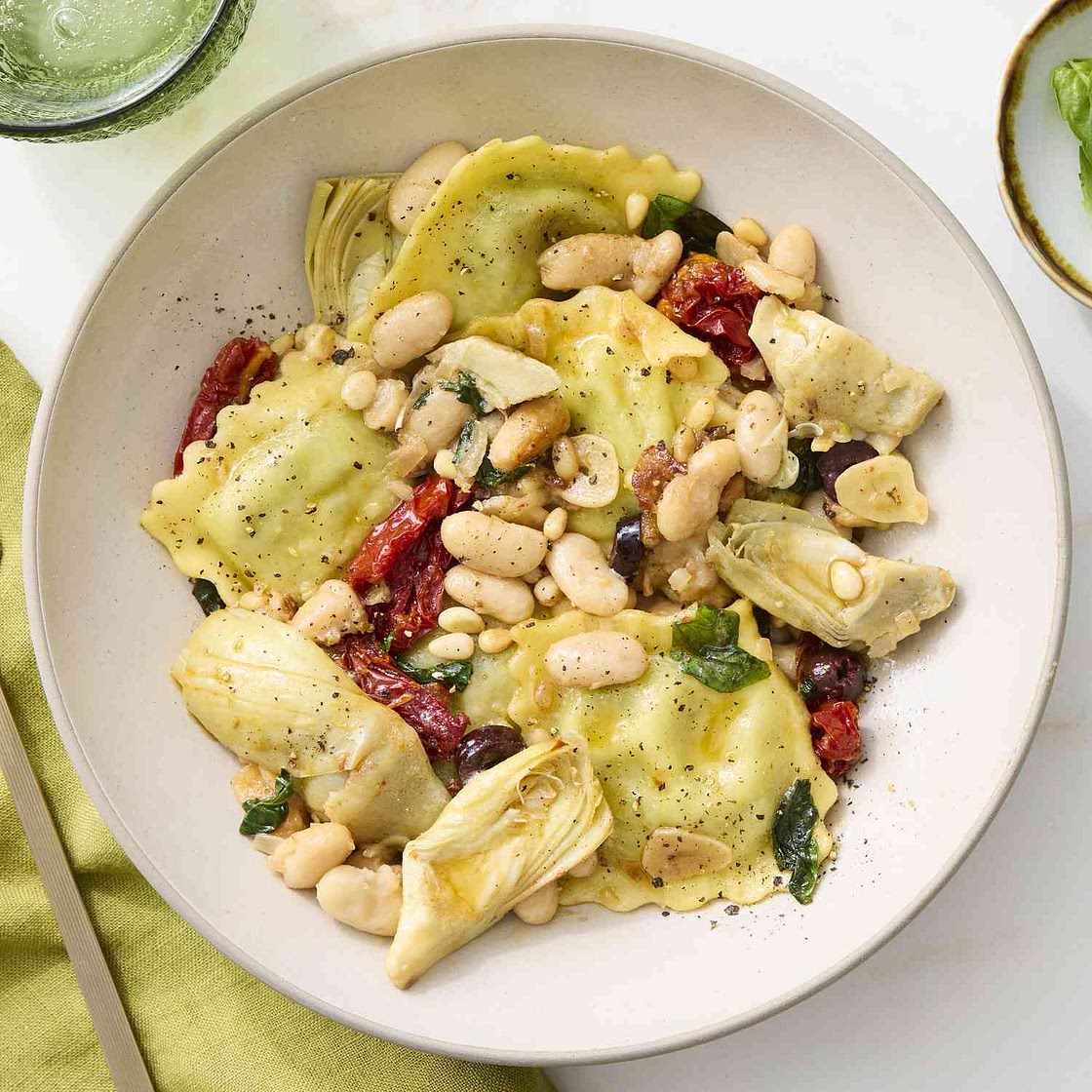 Spinach Ravioli with Artichokes & Olives