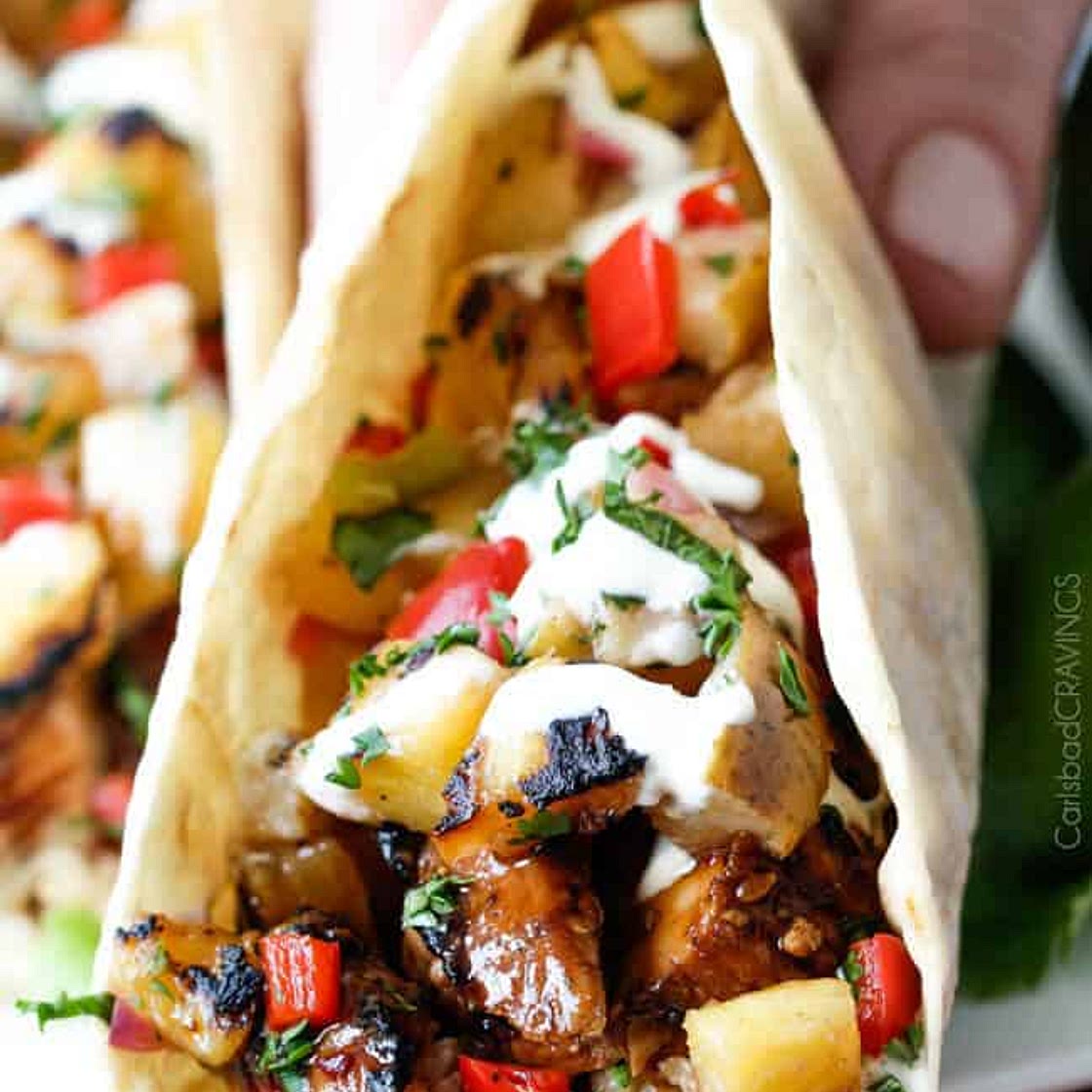 Teriyaki Chicken Tacos with Grilled Pineapple Pear Salsa