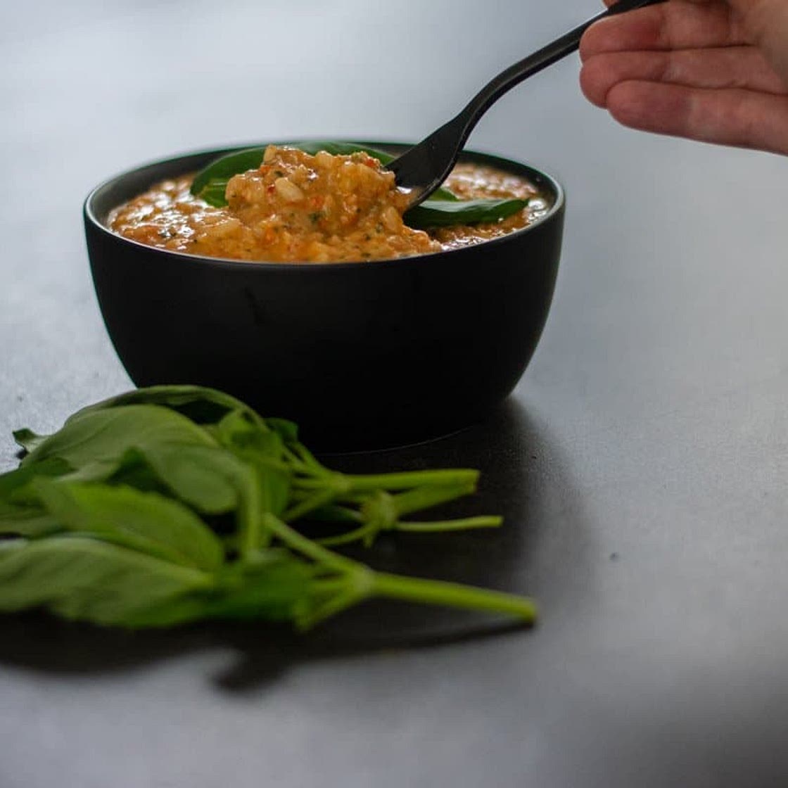 Red pepper, basil, walnut and goat's cheese risotto