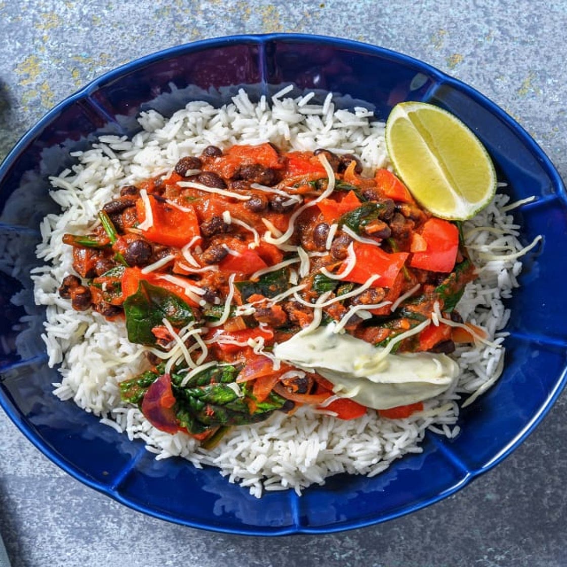 Speedy Veggie Beany Stew with Easy Rice, Cheese and Zesty Creme Fraiche