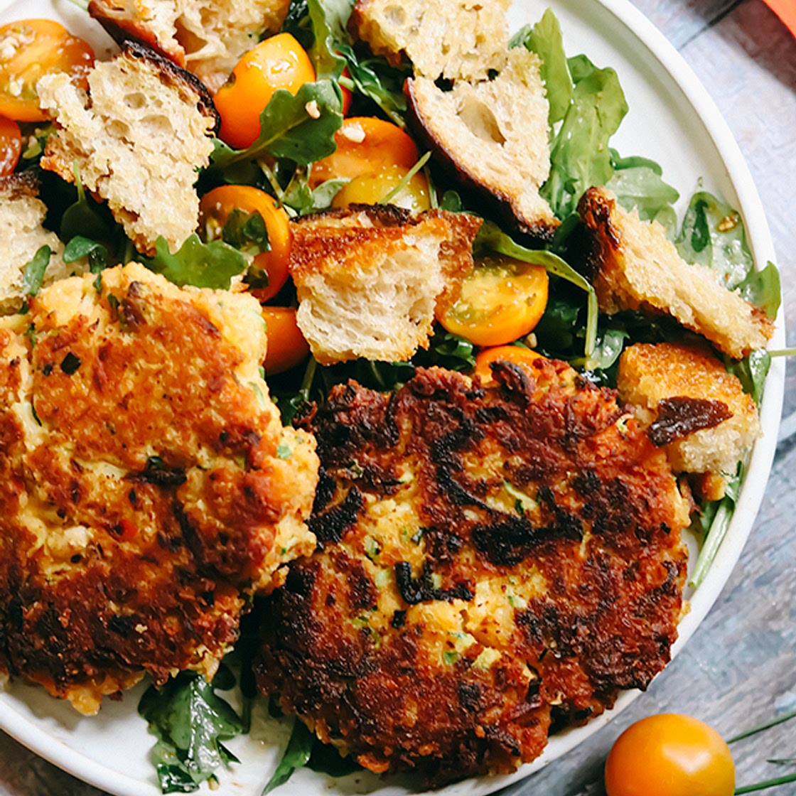 White Bean, Zucchini, and Harissa Fritters