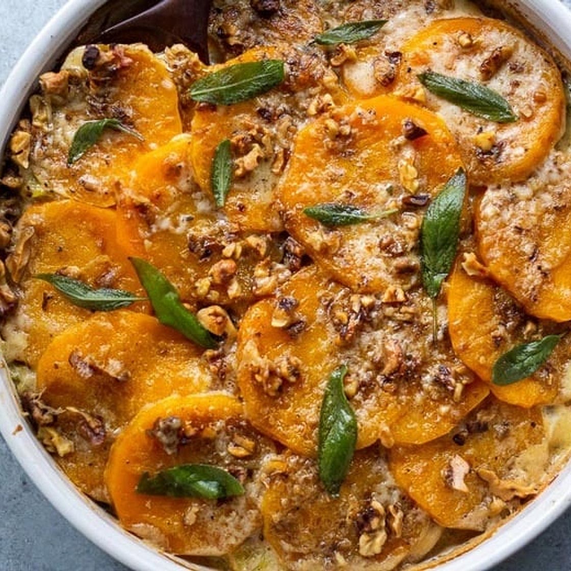 Butternut Gratin with Leeks, Sage and Walnuts