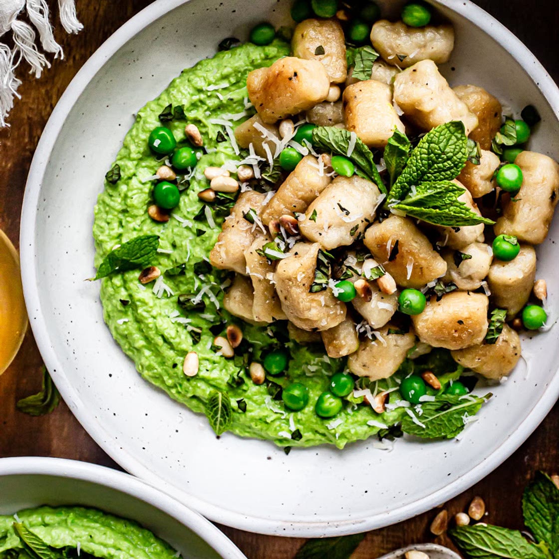 Crispy Cauliflower Gnocchi with Parmesan Pea Purée