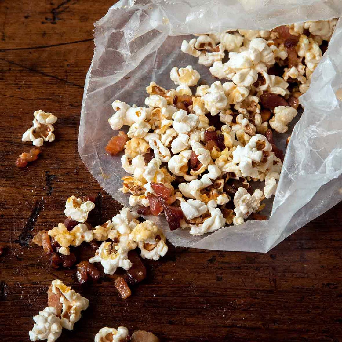 Popcorn with Bacon Fat, Bacon, and Maple Syrup