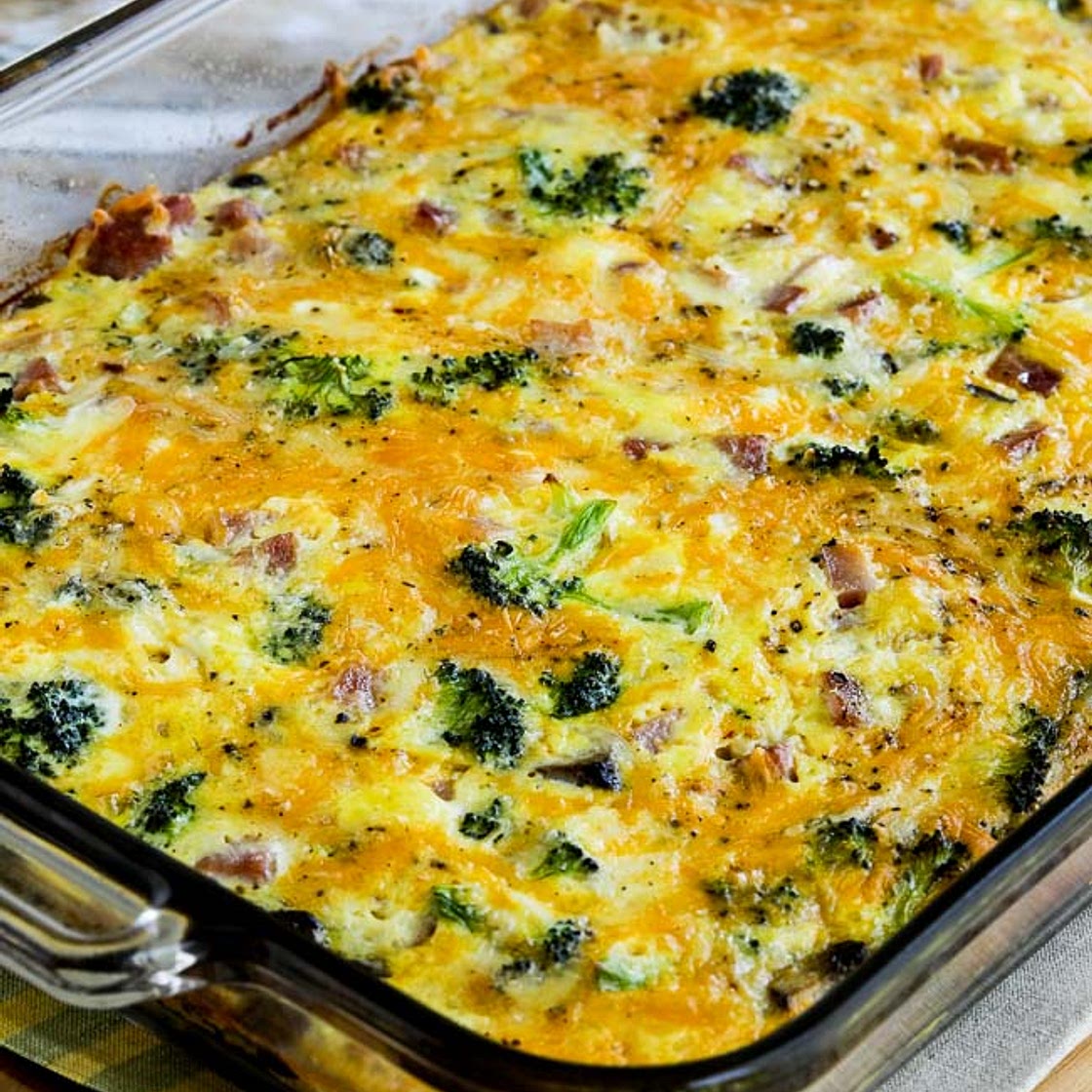 Broccoli, Mushrooms, Ham, and Cheddar Baked with Eggs
