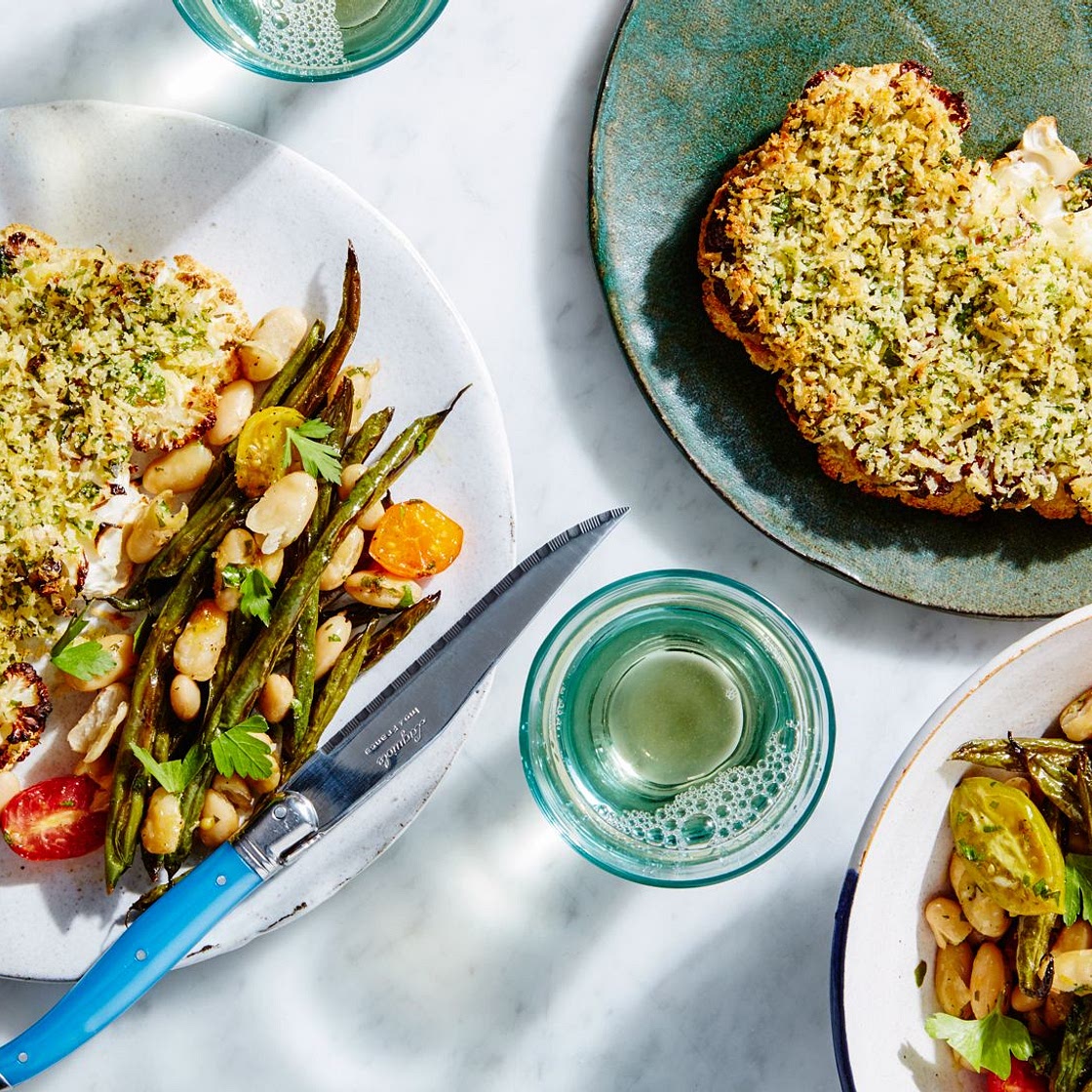 Herb-Crusted Cauliflower Steaks with Beans and Tomatoes Recipe