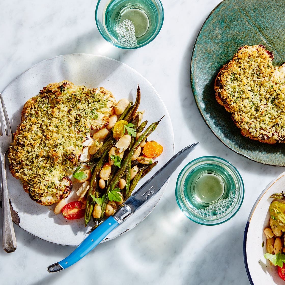 Herb-Crusted Cauliflower Steaks with Beans and Tomatoes