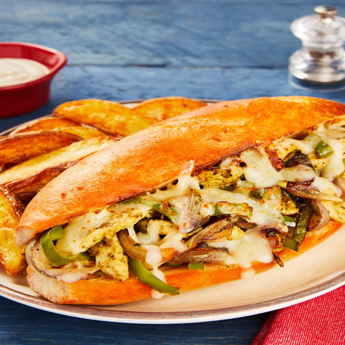 Italian Chicken & Pepper Sandos with Potato Wedges & Garlic Sauce