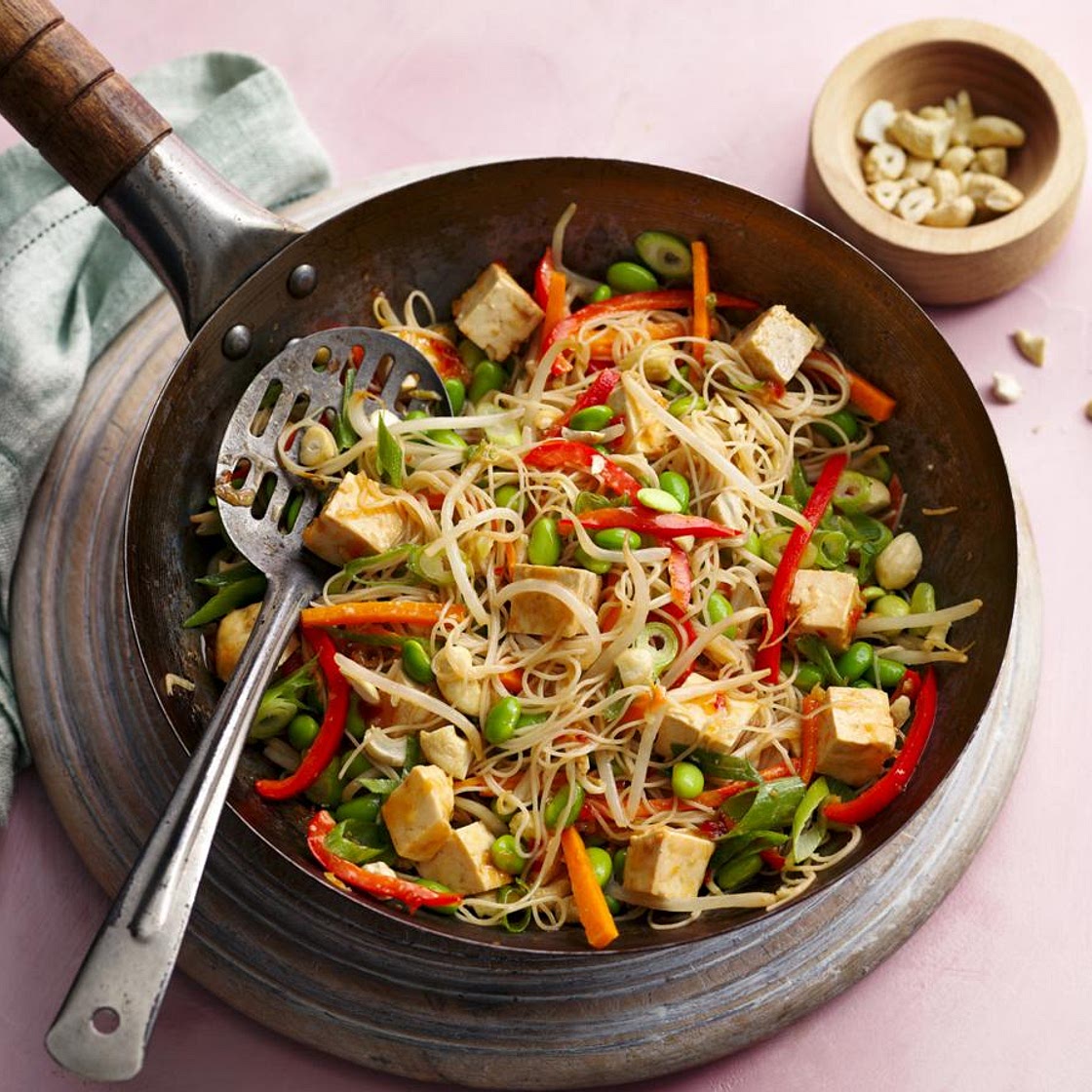Healthy stir-fry with tofu and rice noodles