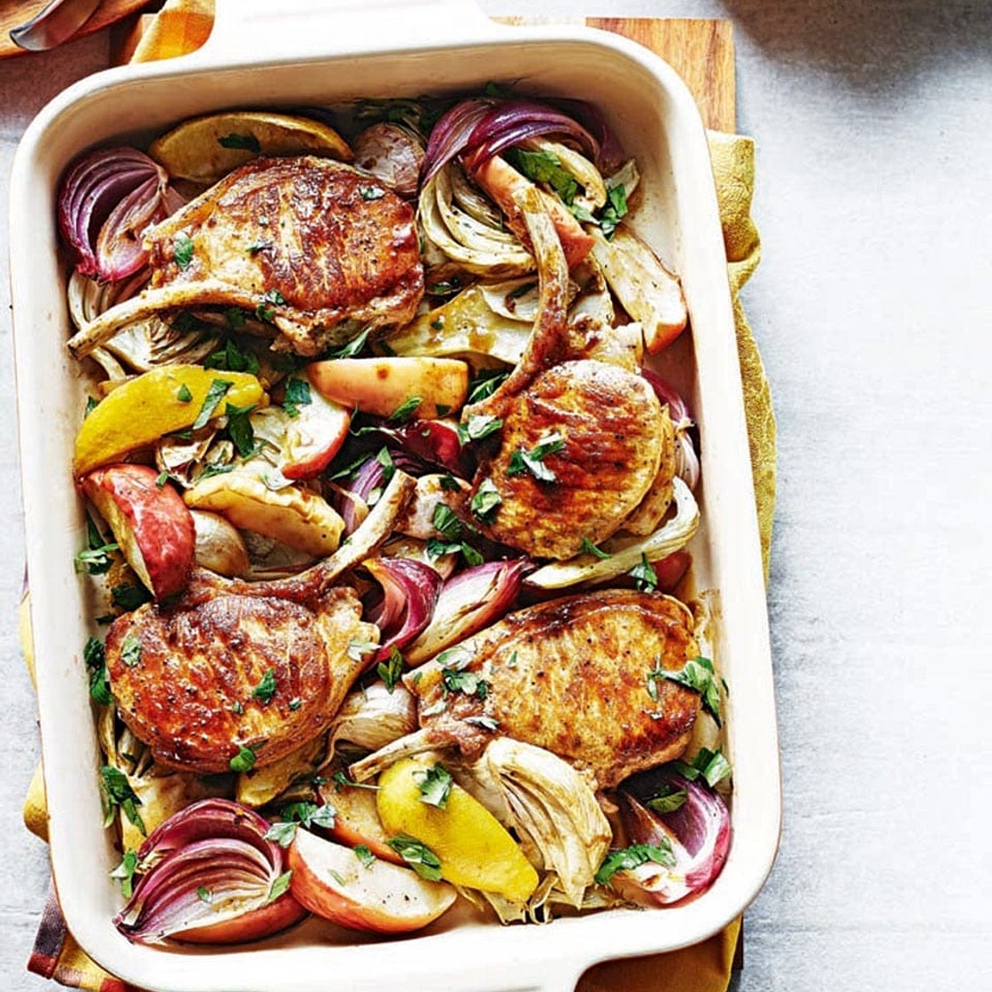 Cider-baked pork with apple and fennel