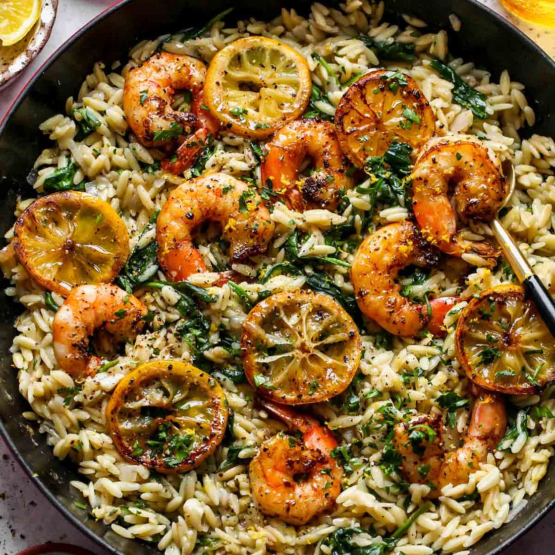 One Skillet Lemon Pepper Shrimp and Orzo