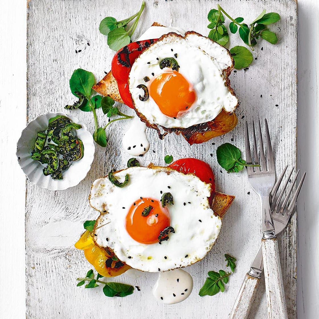 Fried eggs on toast with grilled peppers and aioli
