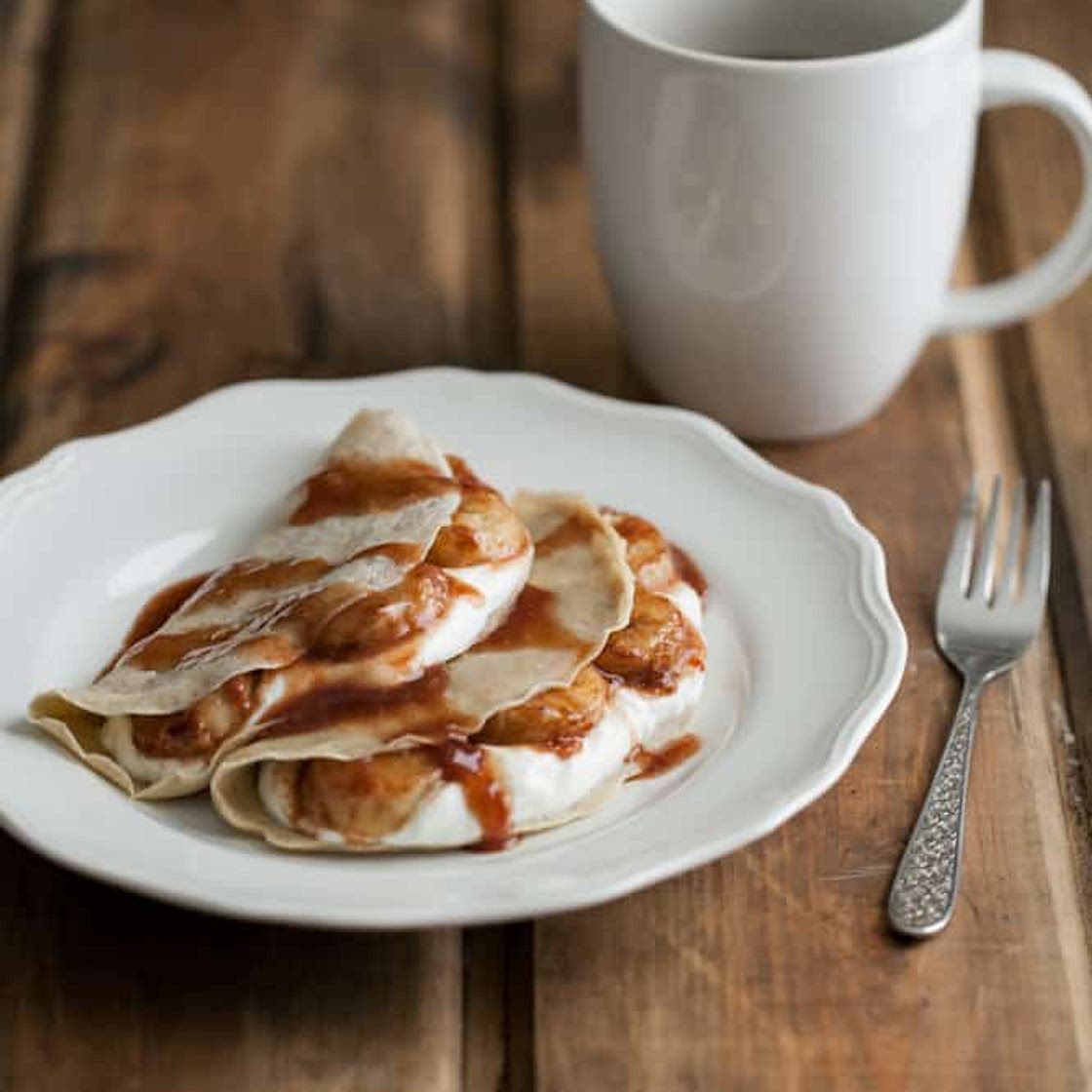 Barley Crepes with Yogurt and Cinnamon-Honey Bananas