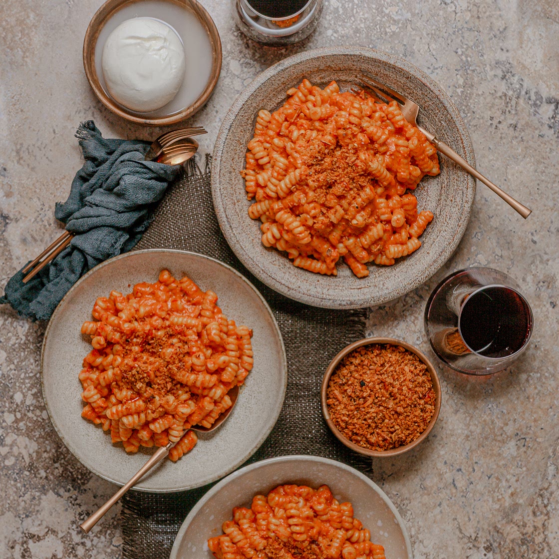 Roasted pepper alla vodka pasta with spicy breadcrumbs
