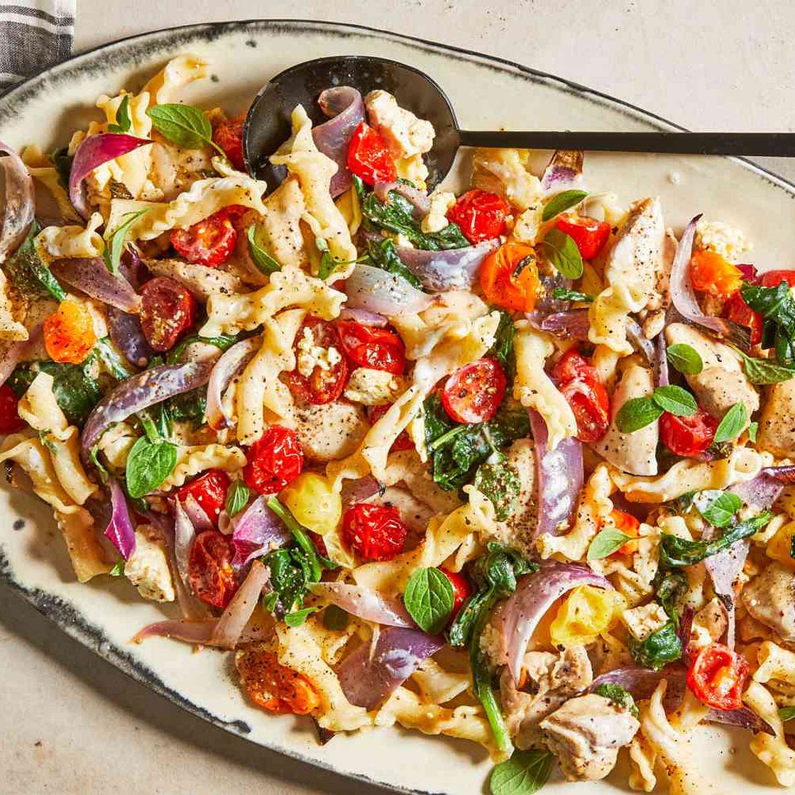 Sheet Pan Baked Chicken, Feta, Tomatoes, and Kale with Pasta