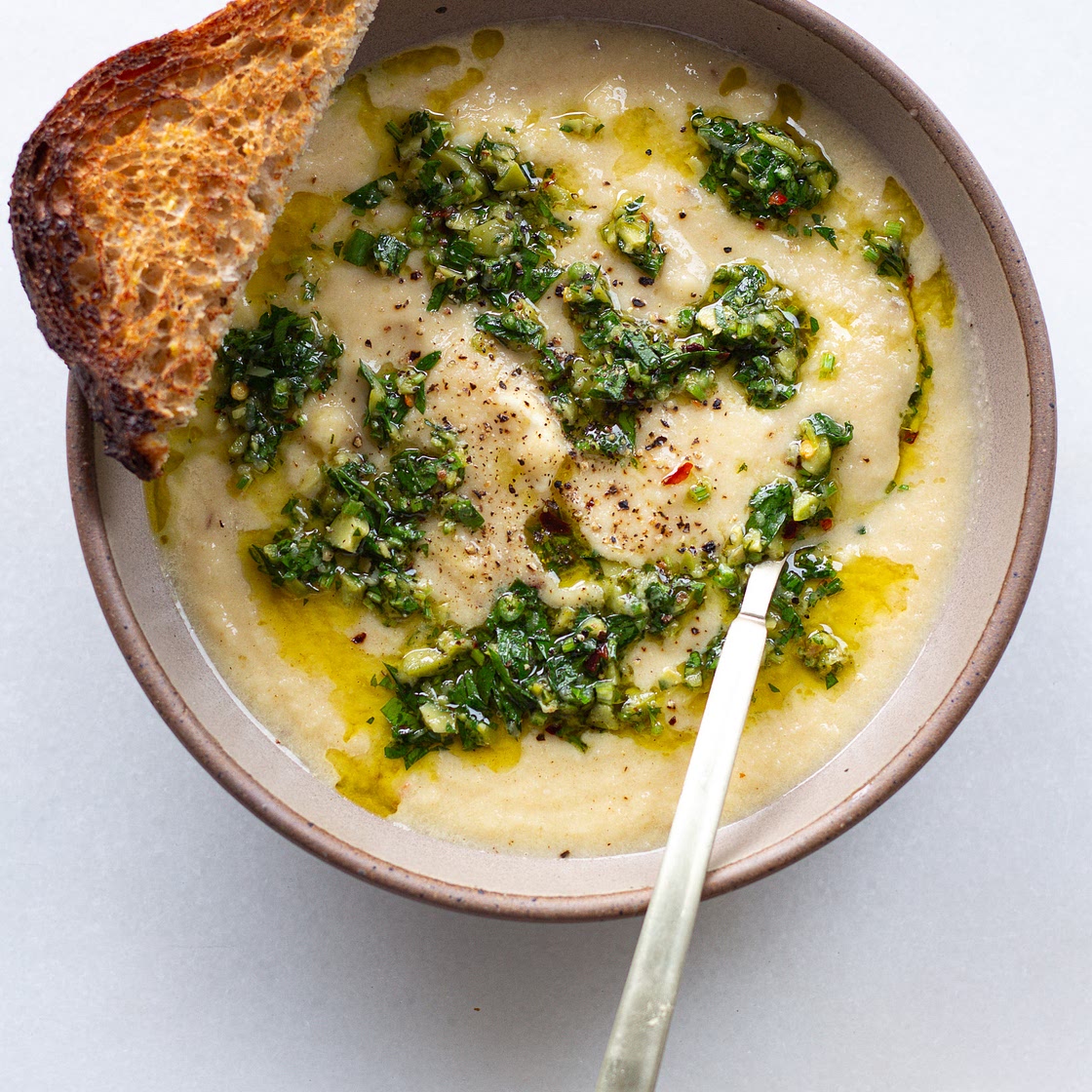 Cauliflower Soup with Green Olive Salsa Verde