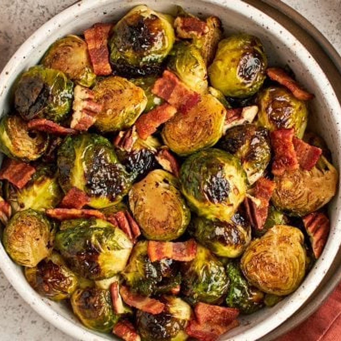 Roasted Brussels Sprouts with Bacon, Pecans & Maple Syrup