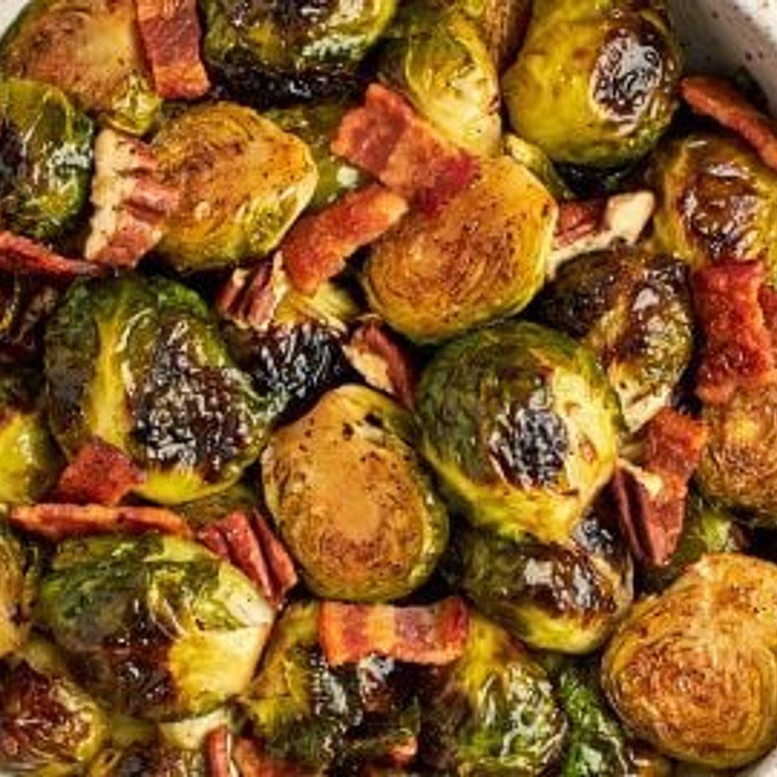 Roasted Brussels Sprouts with Bacon, Pecans & Maple Syrup