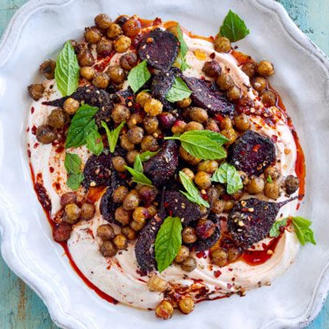 Roasted beetroot with za’atar, chickpeas & harissa yogurt