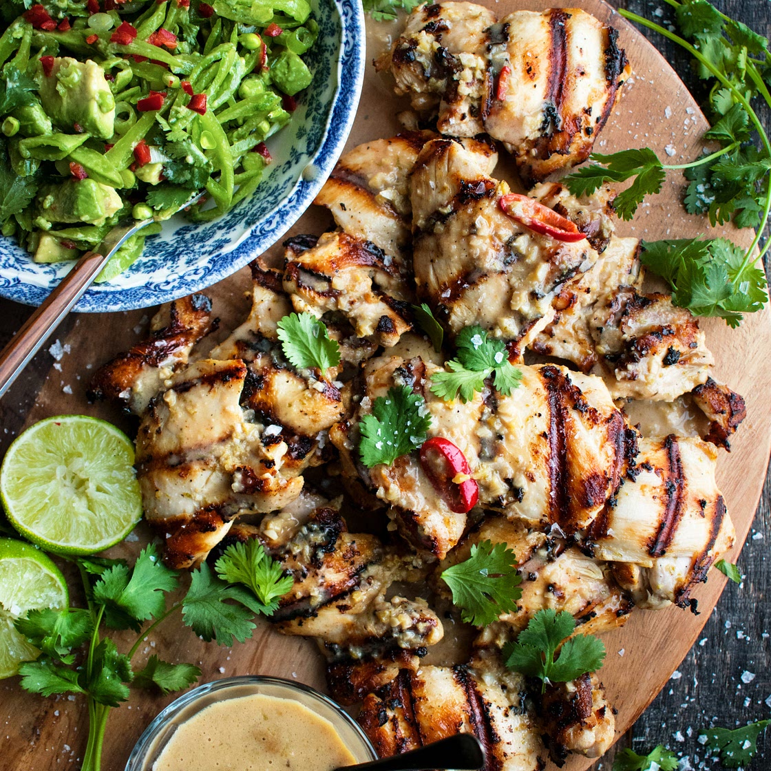 Grilled Coconut Chicken with Snap Pea Salad