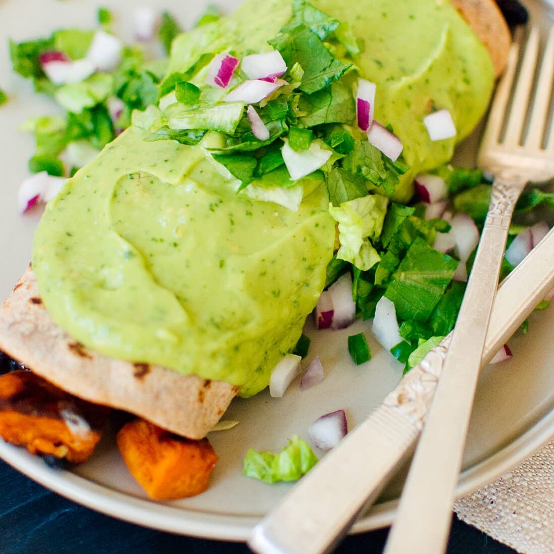 Sweet Potato Burrito Smothered in Avocado Salsa Verde