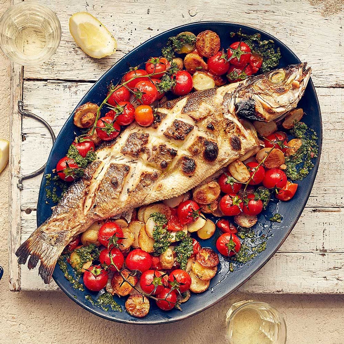 Whole baked fish with watercress & chilli salsa