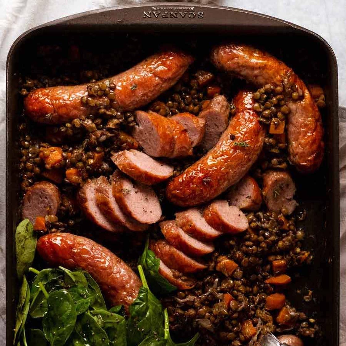 One-pan baked sausage & lentils