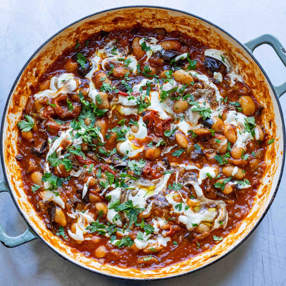 Zaalouk Beans with a Pistachio Tofu Crumb