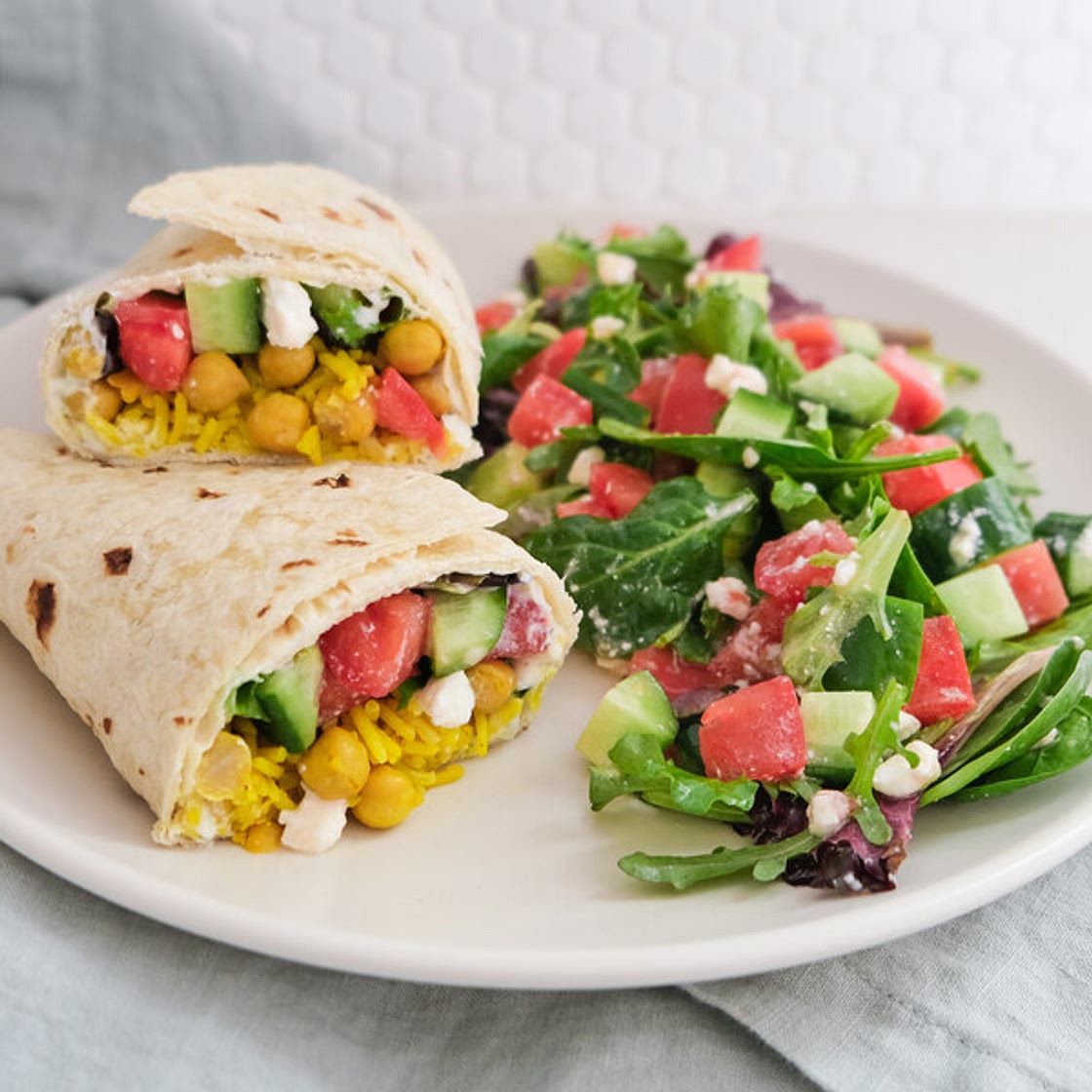 Mediterranean Chickpea-Rice Wrap with Tzatziki, Feta & Salad