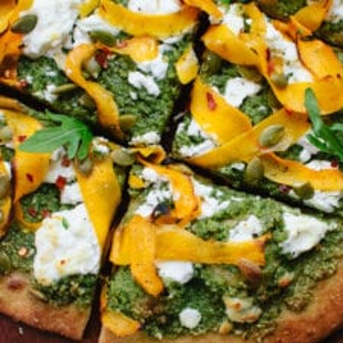 Butternut Ribbon Goat Cheese Pizza with Arugula-Pepita Pesto