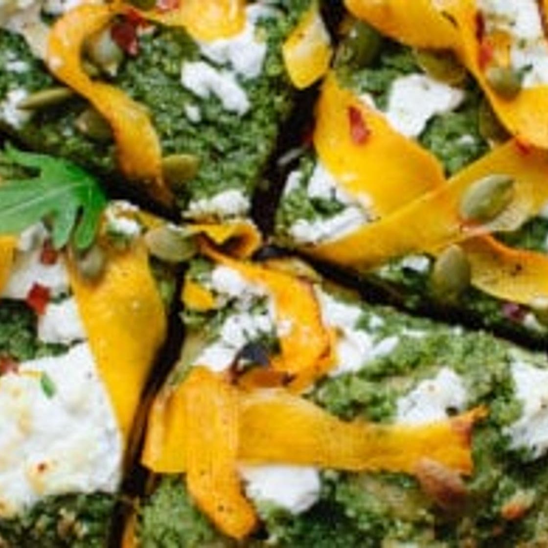 Butternut Ribbon Goat Cheese Pizza with Arugula-Pepita Pesto
