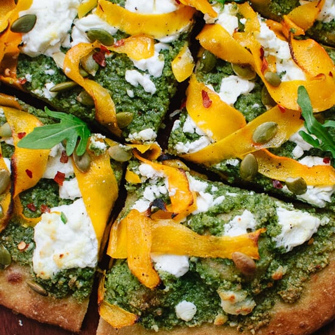 Butternut Ribbon Goat Cheese Pizza with Arugula-Pepita Pesto
