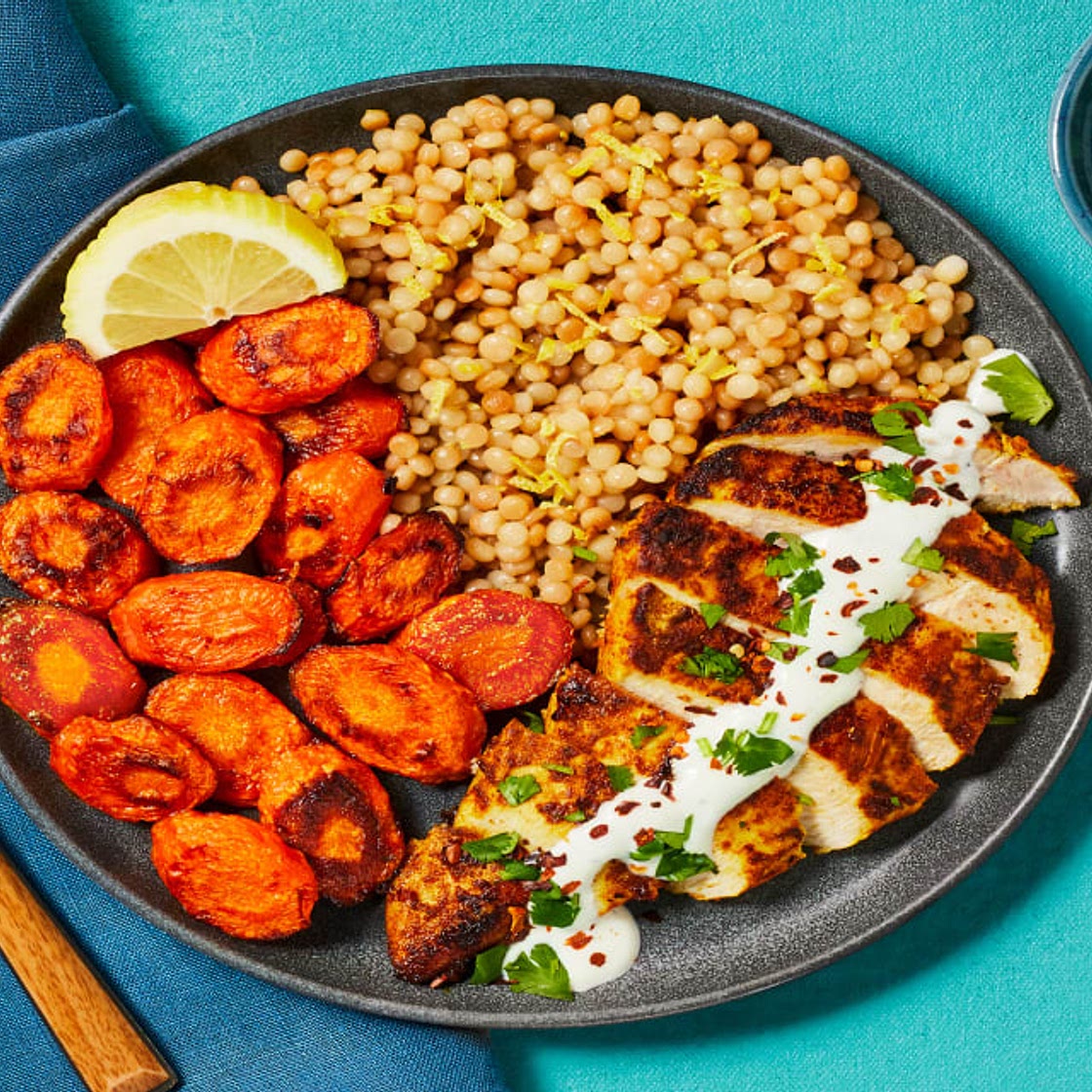 Yogurt-Marinated Chicken & Garlic Sauce plus Lemony Couscous & Chili-Roasted Carrots