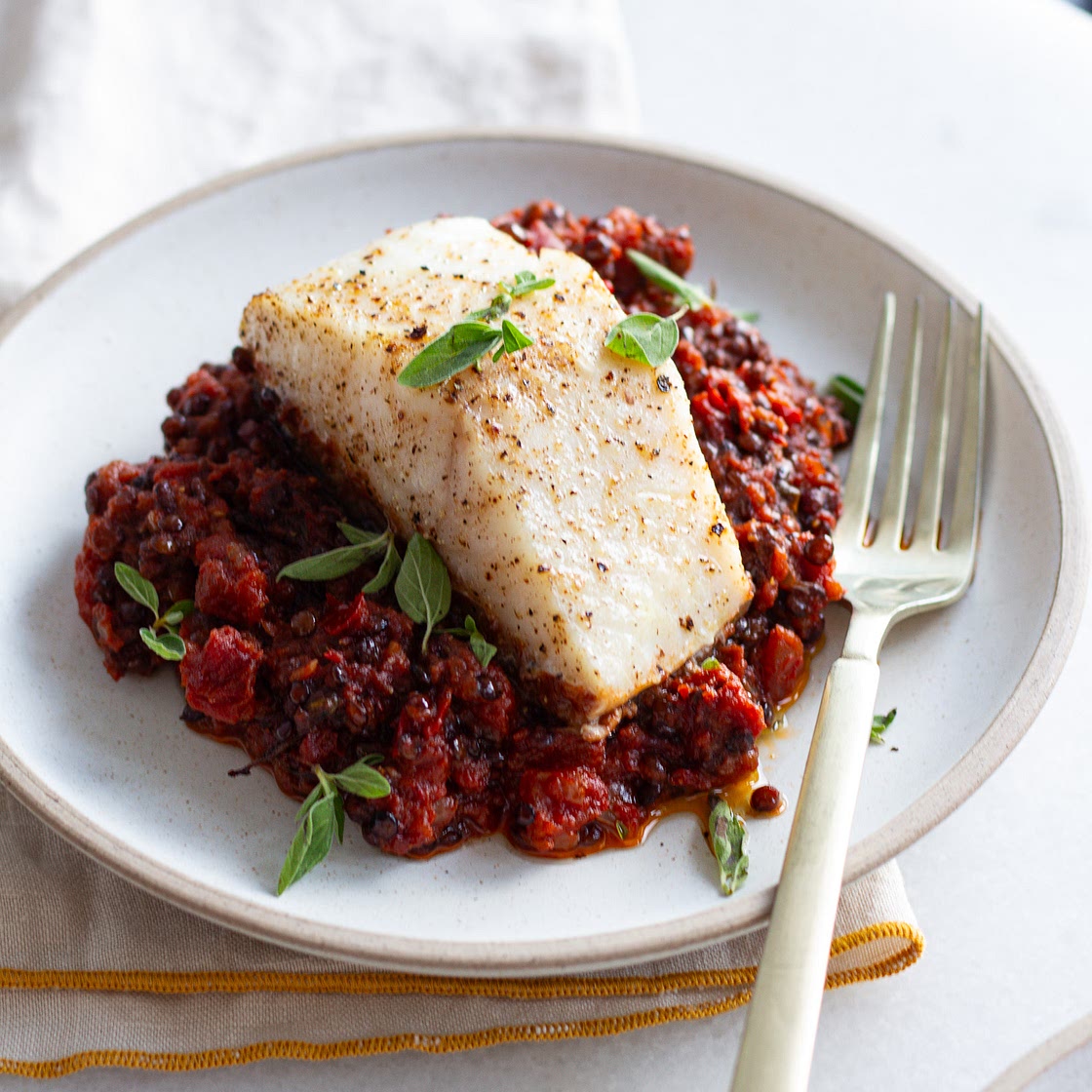 Burnt Tomato Lentils & Cod