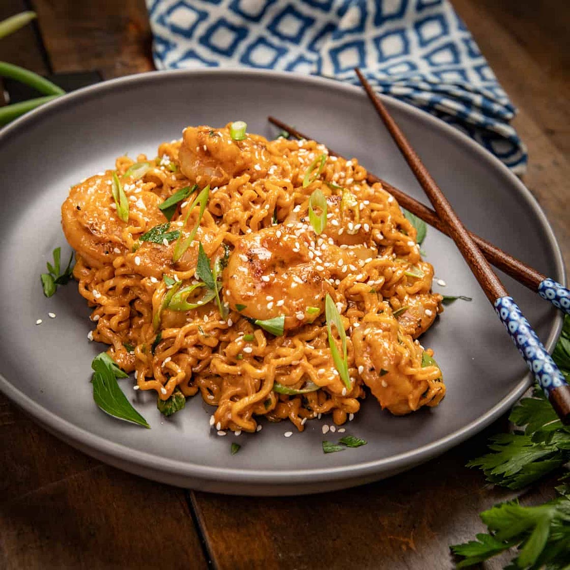 Creamy spicy ramen noodles with shrimp