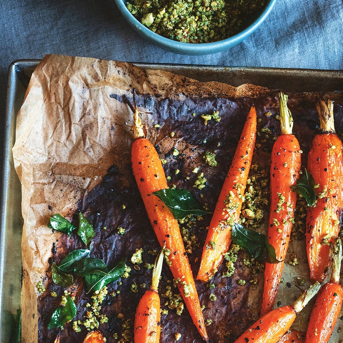 Roasted carrots with curry leaf dukkah