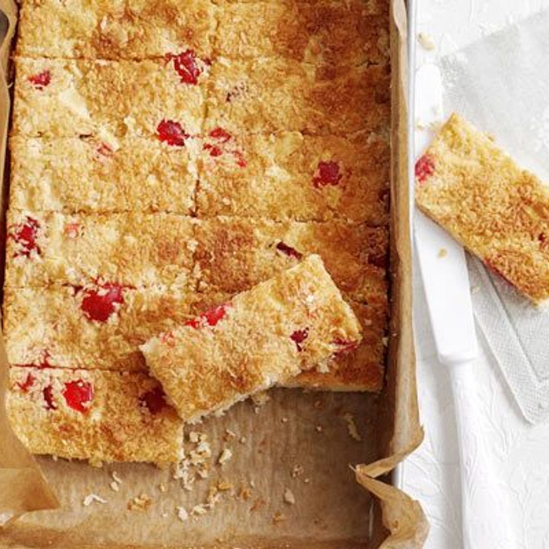 Cherry, choc & coconut tray bake