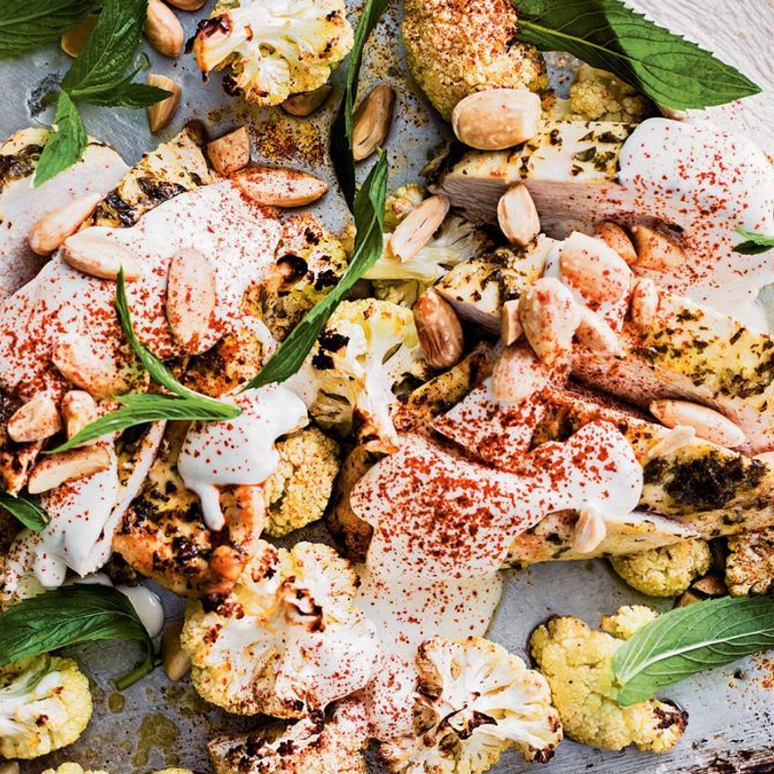 Roast chicken with cauliflower and tahini
