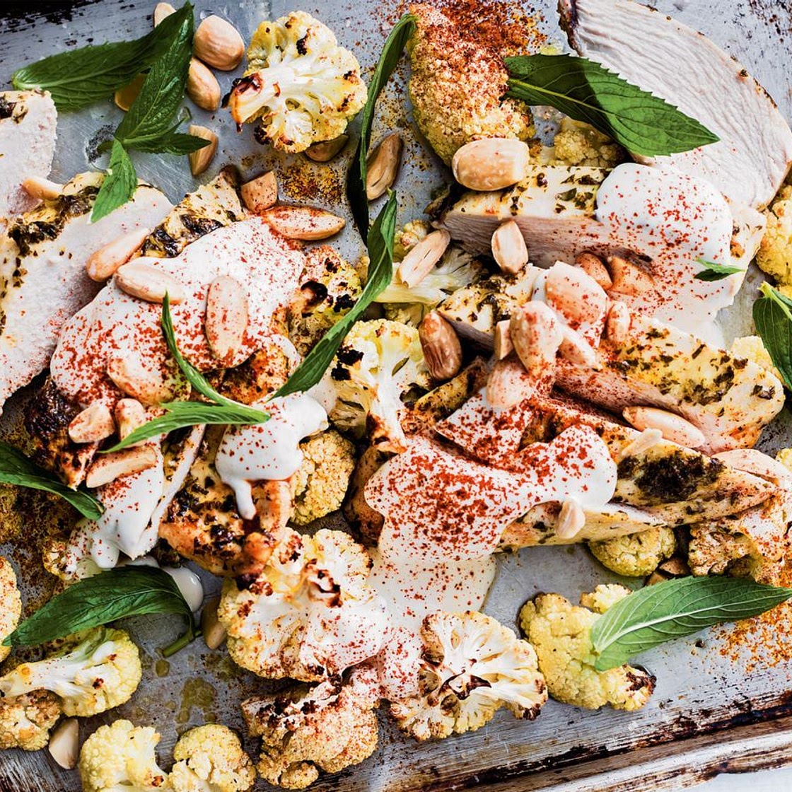 Roast chicken with cauliflower and tahini