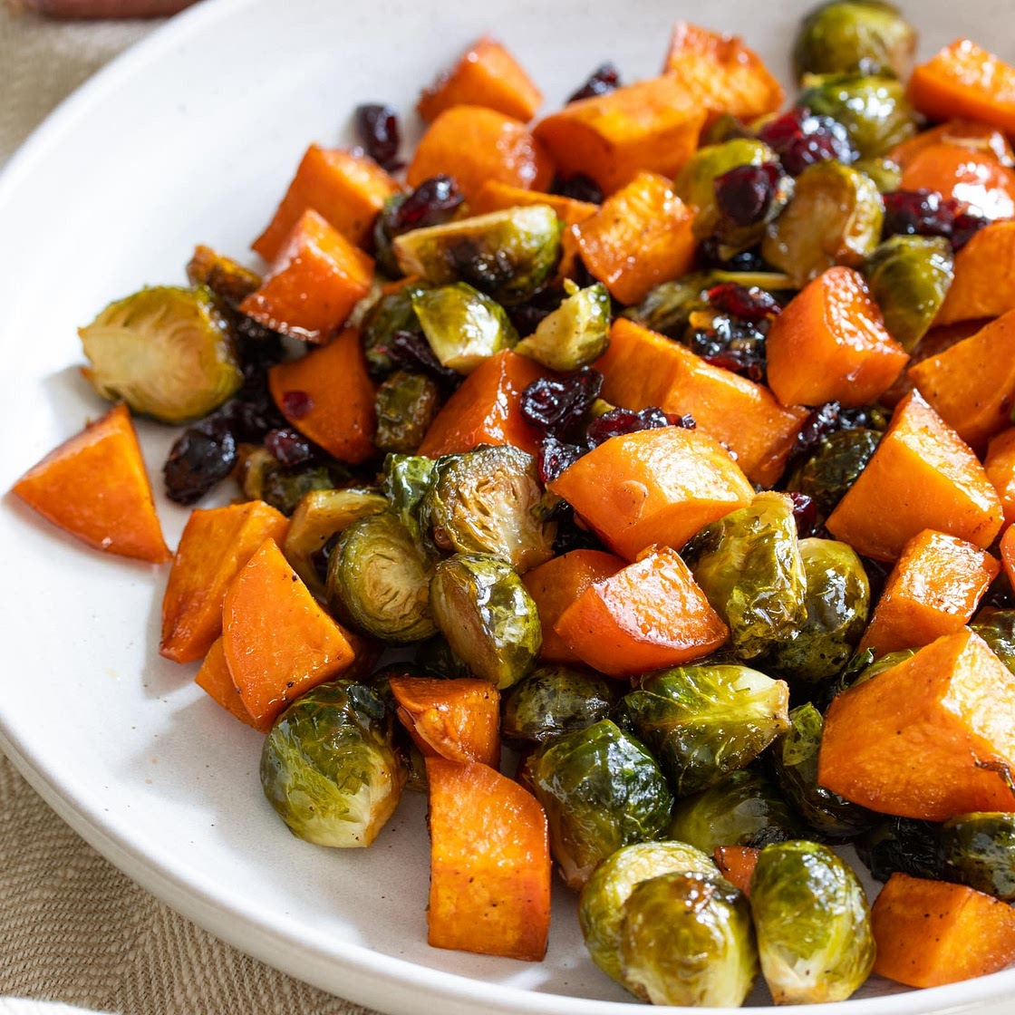 Roasted Sweet Potatoes, Brussels Sprouts and Cranberries