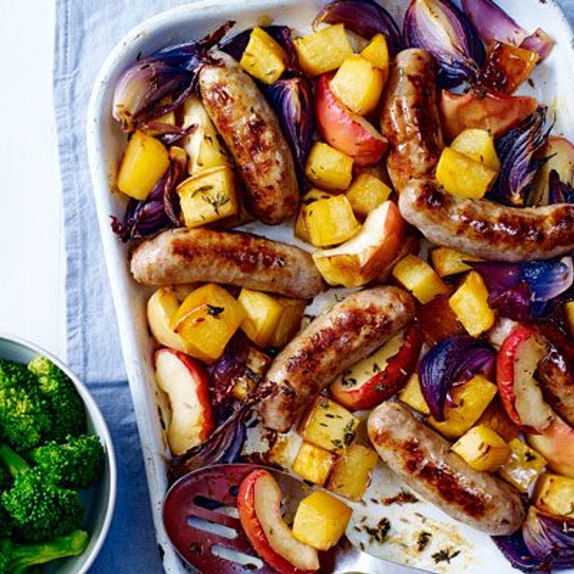 Sausage & maple swede traybake