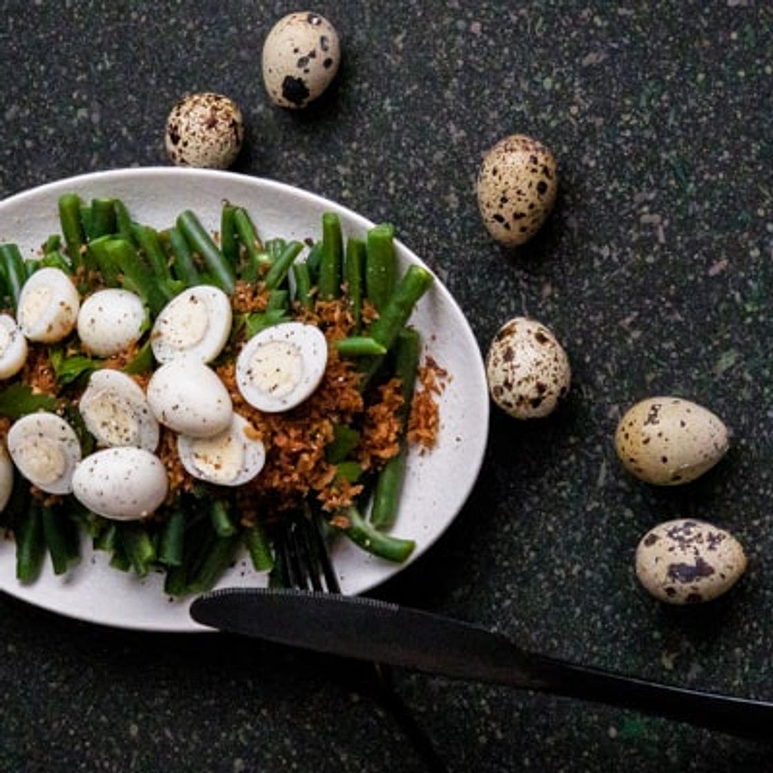 Green Bean, Truffle Butter Breadcrumbs and Quail Egg Salad
