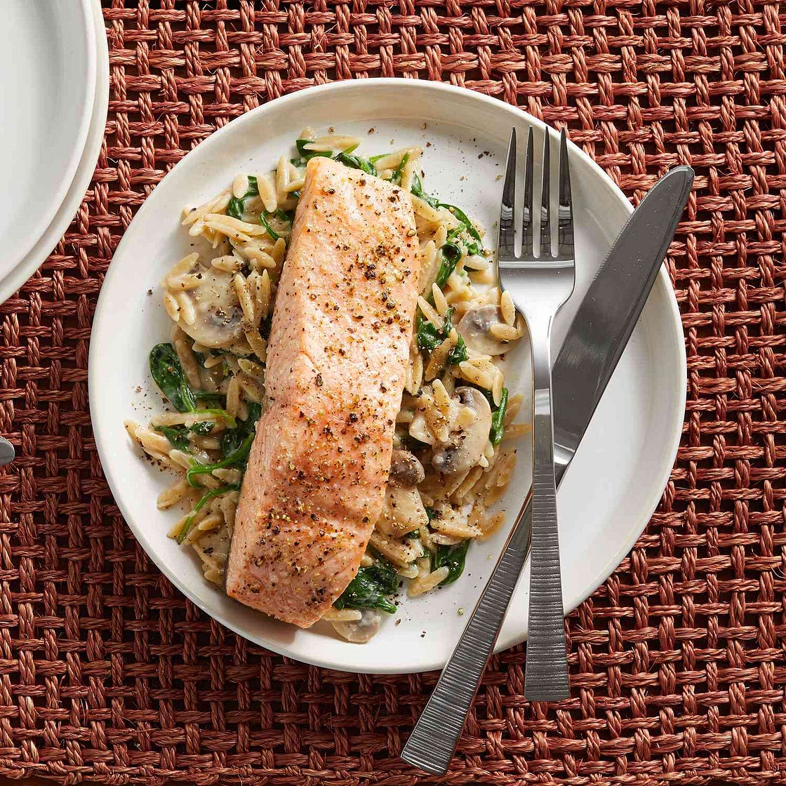 15-Minute Salmon & Creamy Orzo with Spinach & Mushrooms