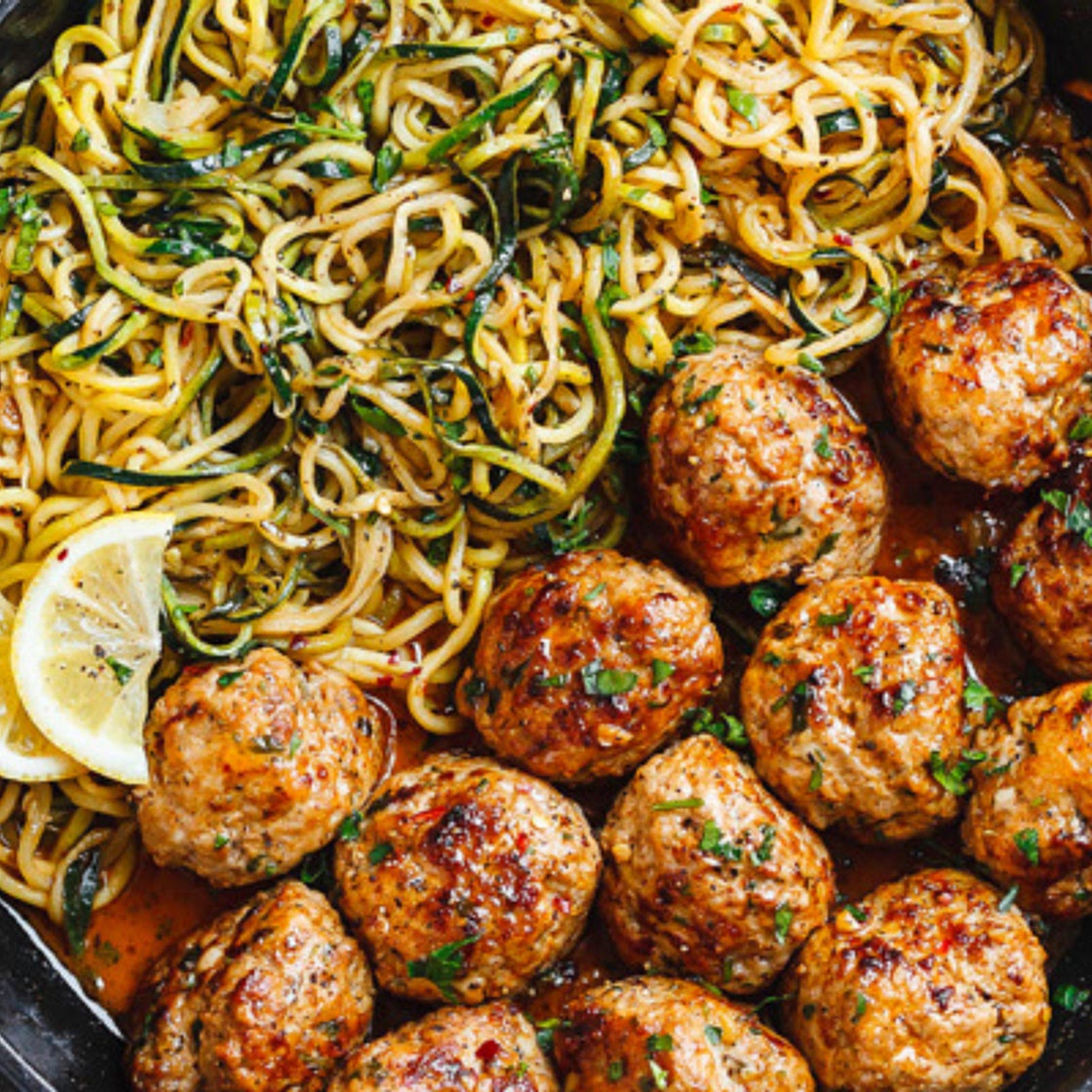 Garlic Butter Turkey Meatballs with Lemon Zucchini Noodles