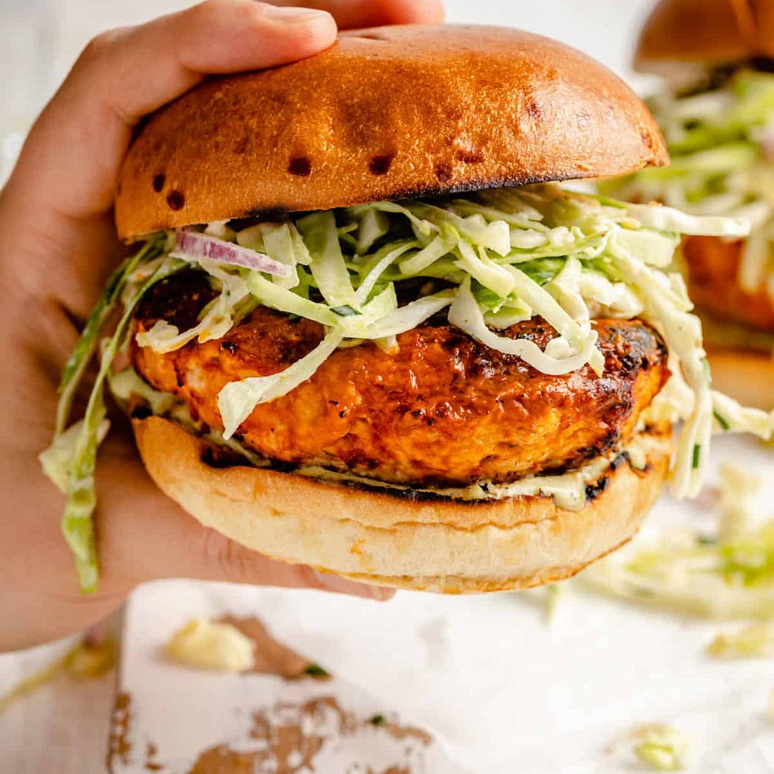 Buffalo Chicken Burgers with Gorgonzola Slaw