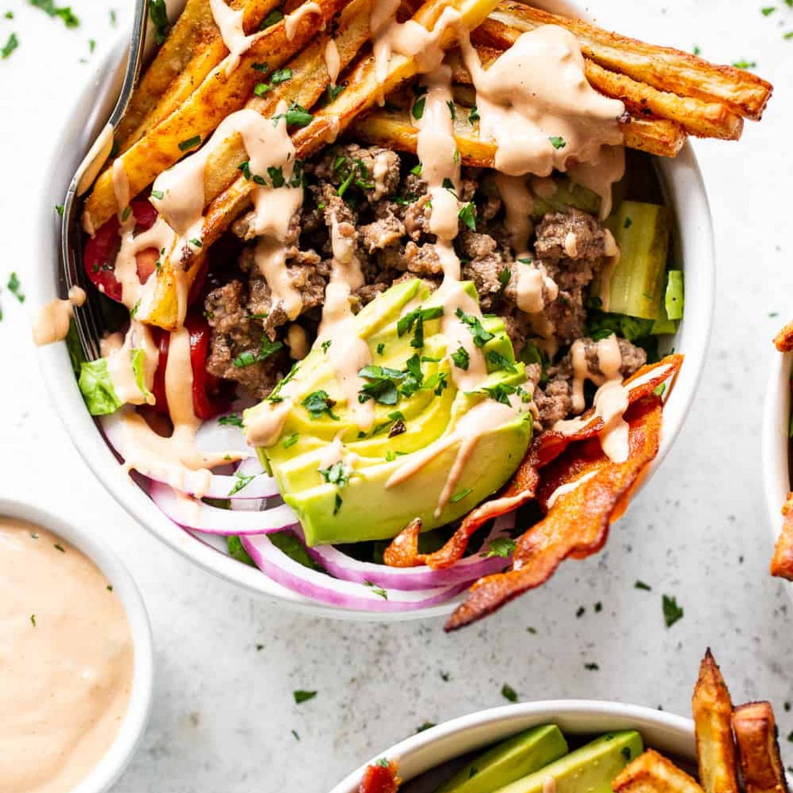 Paleo Burger Bowls with Fries {Whole30}